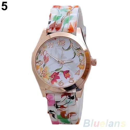 Vintage Women Watch Flower Print Silicon Band Clock Numerals Alloy Dial Quartz Wrist Watch Reloj Mujer Ladies Watch Gift