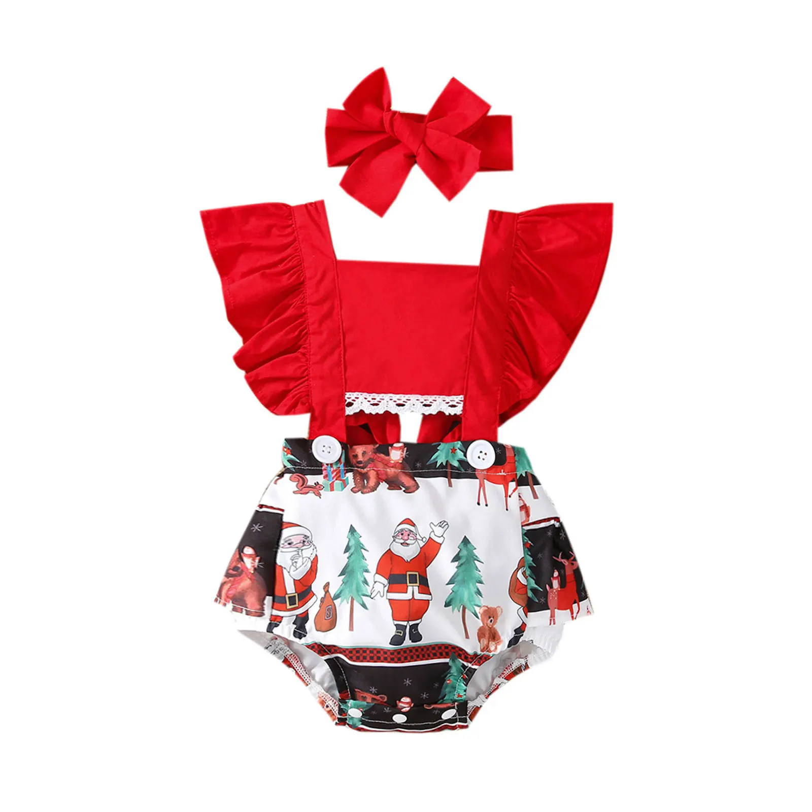 

New 0-24 Months Baby Girls Christmas Romper Cartoon Printed Splicing Square Neck Backless Tied Jumpsuit With Snaps For Toddlers