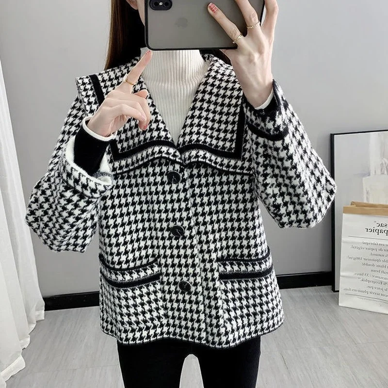 Sweater Jacket Female Autumn And Winter New 2023 Houndstooth Navy Collar Loose Mink Velvet Knitted Cardigan Fashion Casual