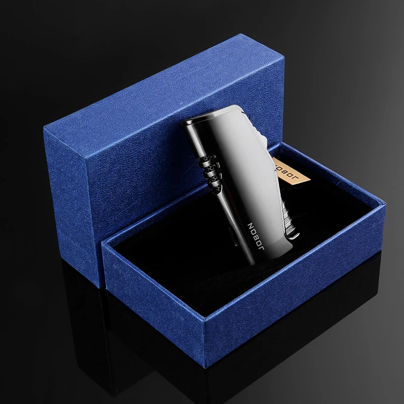 Jobon Metal Triple Torch Jet Lighter With Cigar Cutter Windproof Blue Flame Gadgets For Men Gift Without Gas