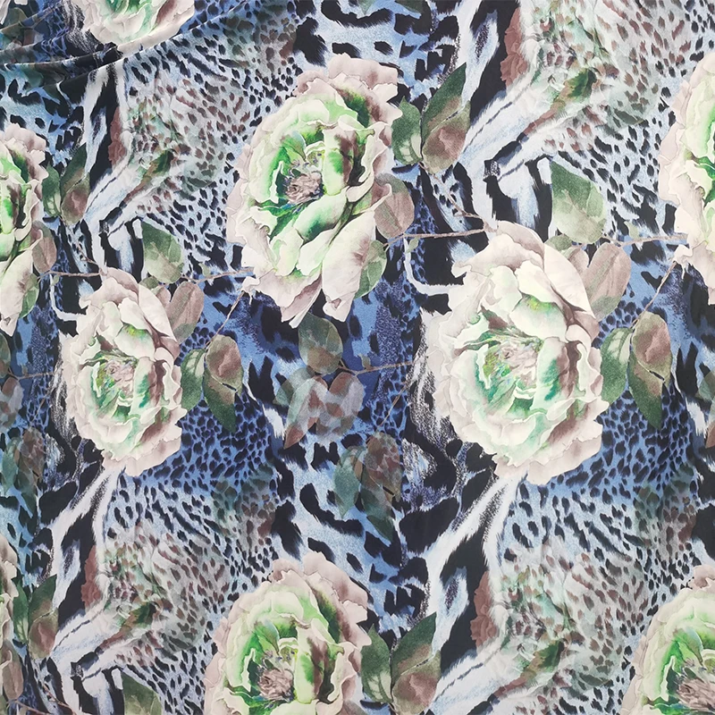 Good,Milk Silk,Blue Leopard,Knit Cotton/Spandex Fabric,4 Way Elastic,Big Flower Print Cloth,Diy Sewing Dress Sexy Dance Dress