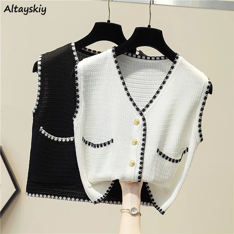 Sweater Vest Women Knitted Elegant Trendy Lady Office Button Sleeveless Leisure All-match Stylish Female Pocket Simple Patchwork