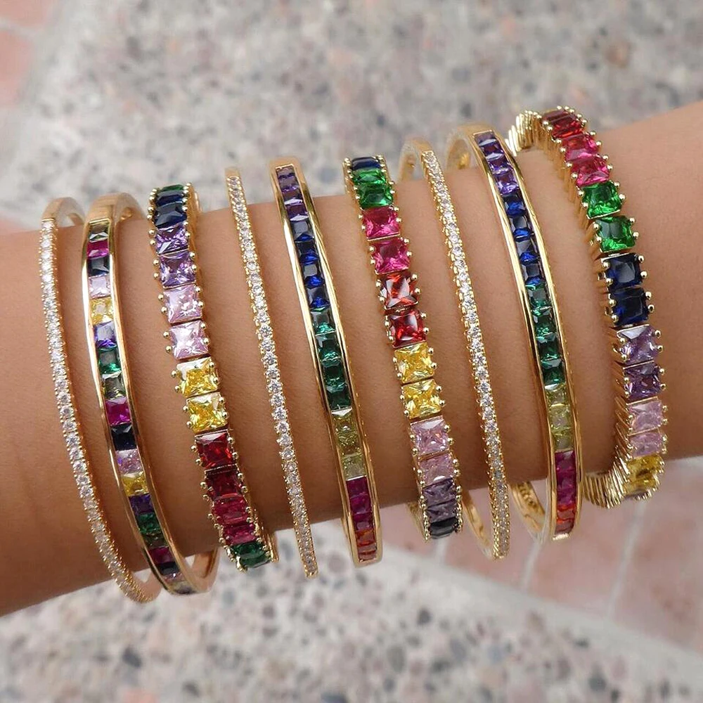 New Fashion Rainbow Cz Cubic Zirconia Tennis Bracelet For Women Men Luxury Jewelry Gold Color Gorgeous Trendy Bangle