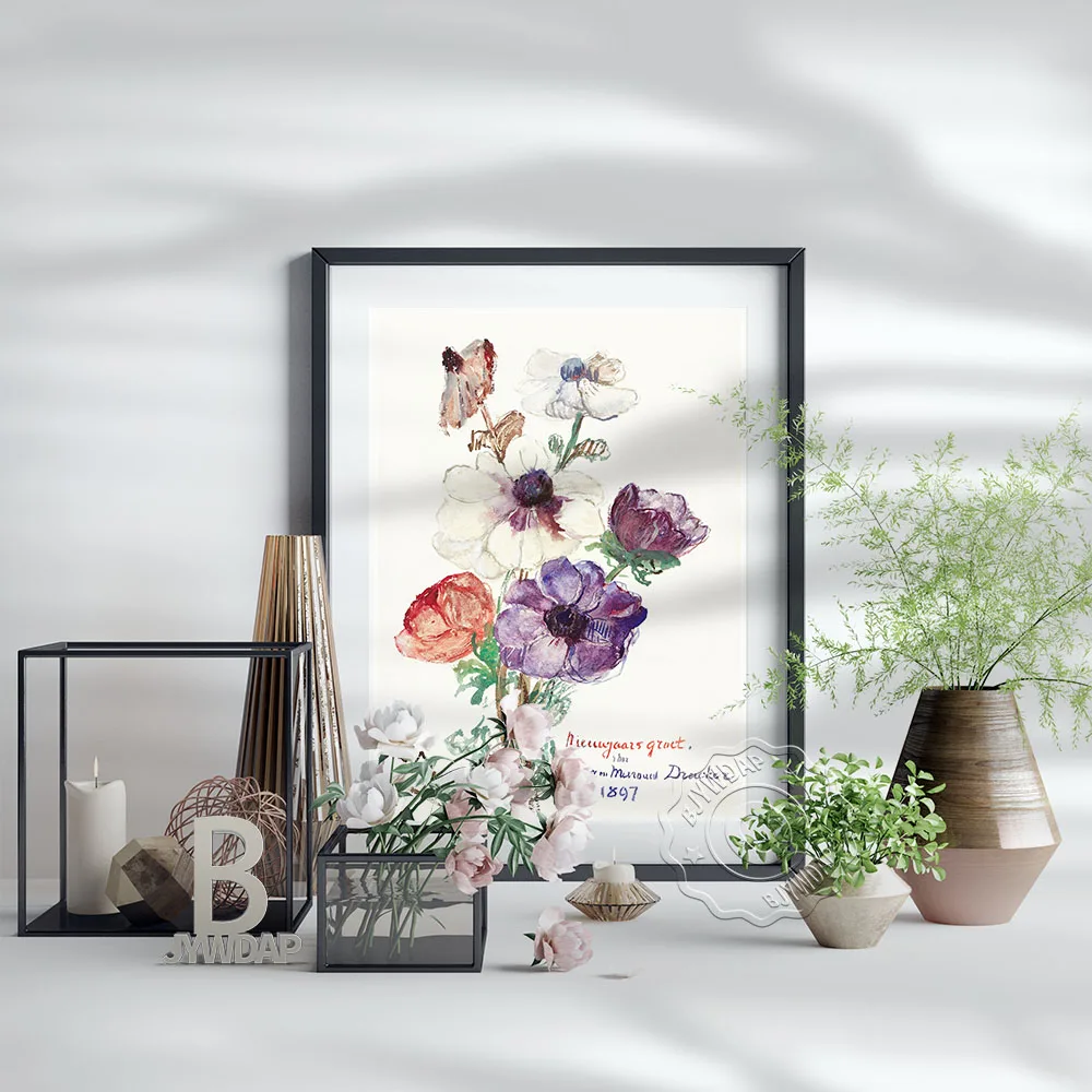 Nieuwjaarsgroet مع Anemonen المشارك ، Sientje Mesdag-Van Houten زهرة ورقة الفن قماش اللوحة ، بهو النبات جدار ديكور فني للمنزل