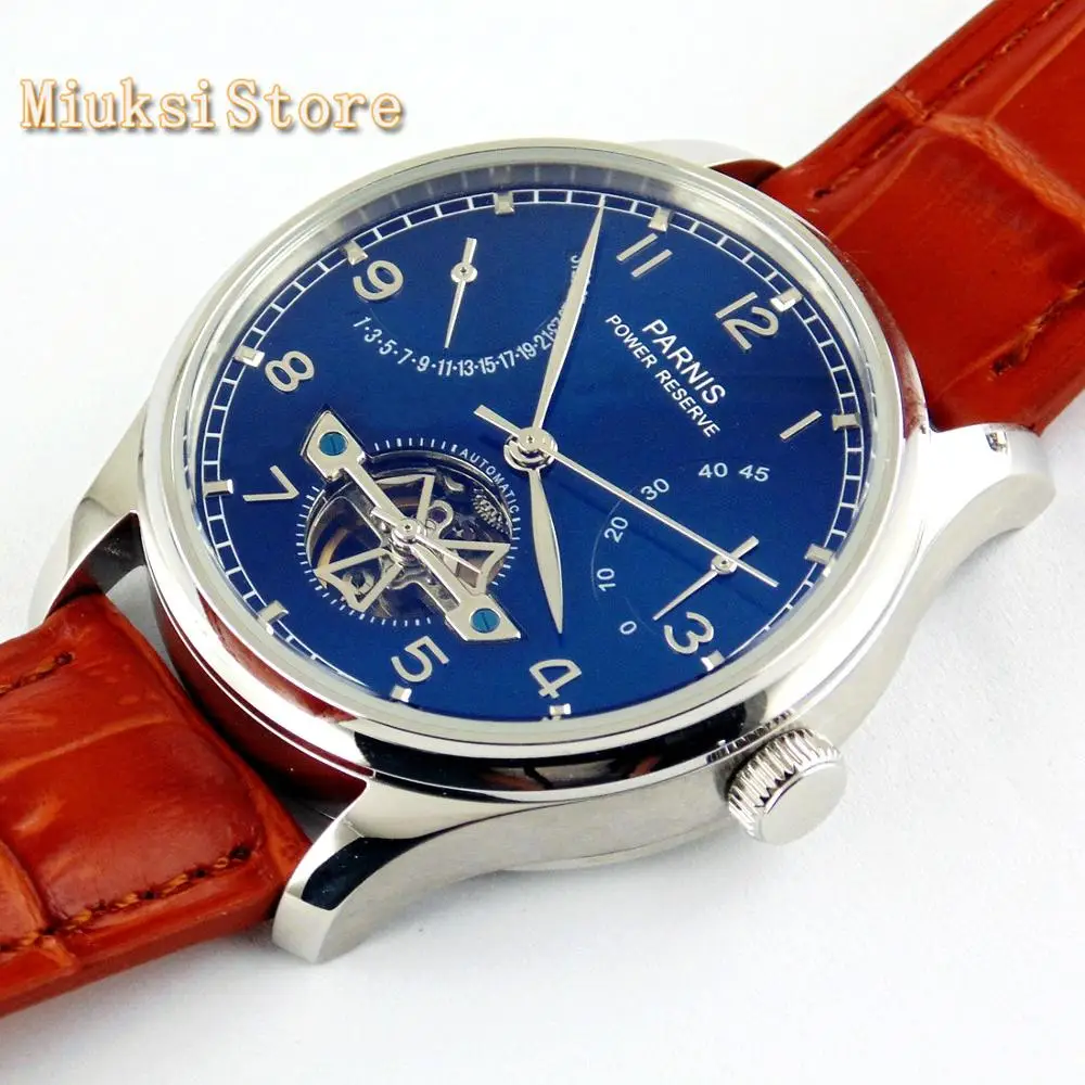 Parnis 43mm blue dial steel case power reserve automatic ST2505 leather mens business mechanical Watch