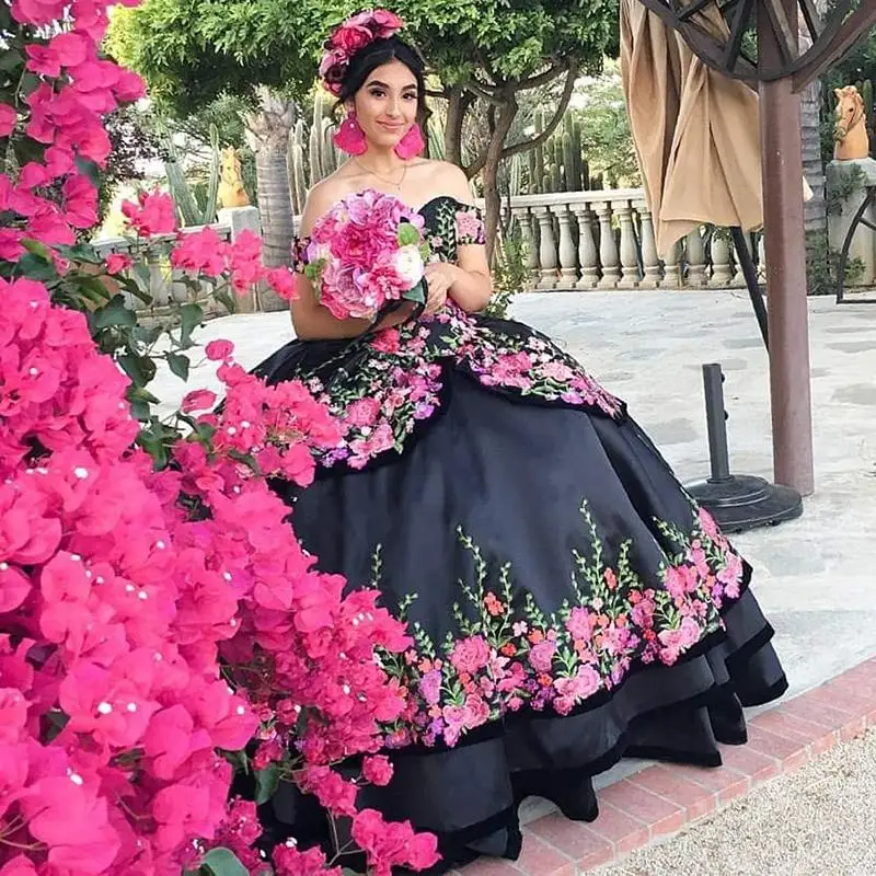 Sexy Black Spring 3D Floral Flowers Ball Gown Quinceanera Prom dresses 2021 Off Shoulder Cheap Evening Formal Gowns Sweet 16