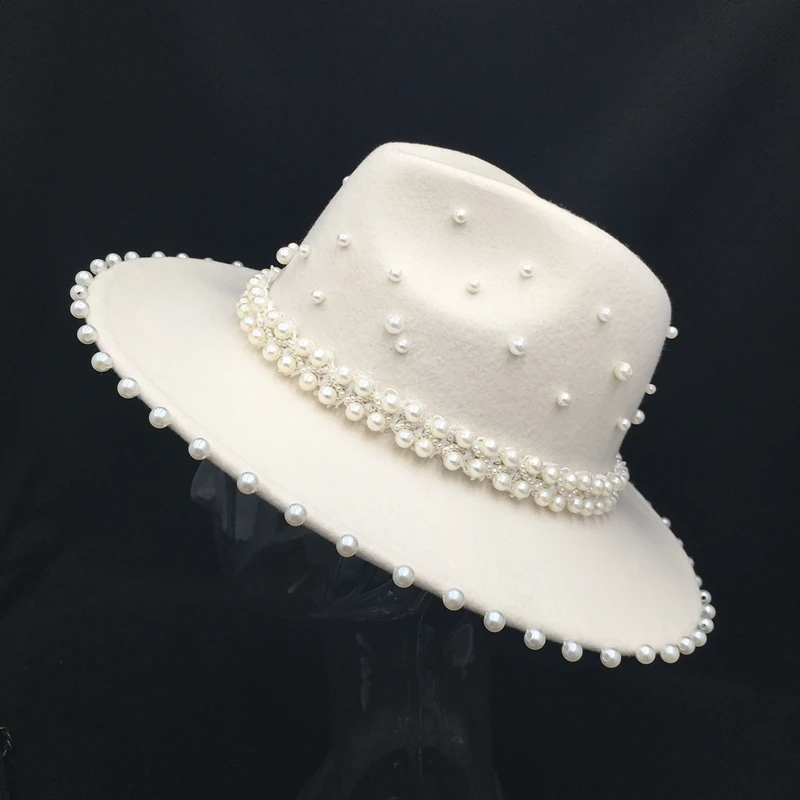 Fedora panama Autumn winter white wool women\'s hat with many Pearls ladies caps hand-made fashion French style