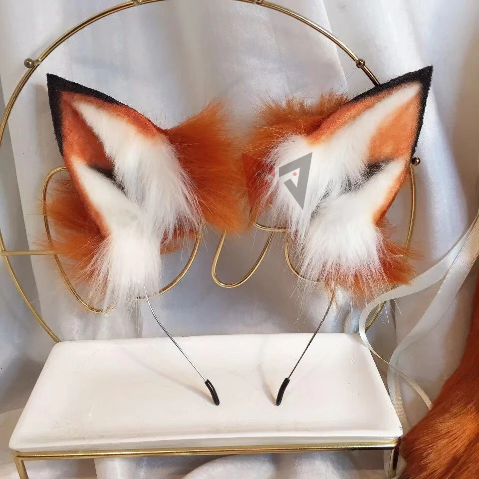 MMGG New Golden Red Fox Ear Wolves And Cats Fox Ear Hair Hoop Headwear Tail For Girl Women High Quality