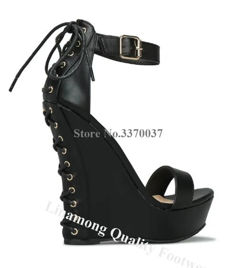 Western Fashion Style One Strap High Platform Back Lace-up Wedges Suede Leather Ankle Strap Buckle Wedge Sandals Dress Heels