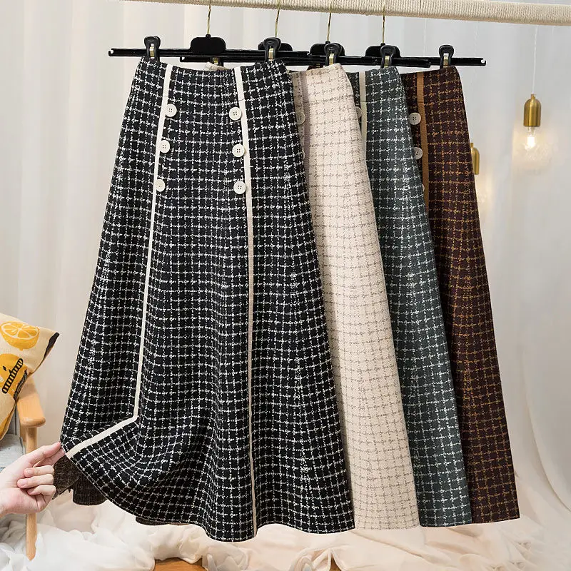 Double Breasted Knitted Skirt Ladies Fall Winter 2021 Korean Elegant High Waist A-Line Fashion Sweater Plaid Skirt Midi Saia M23