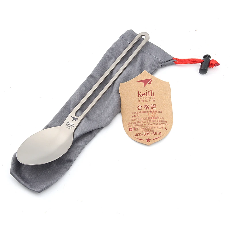 Keith Titanium Spoon Outdoor Camping Picnic Titanium Tableware Lightweight Long handle Spoon Tableware 17g w/ Bag Ti5313