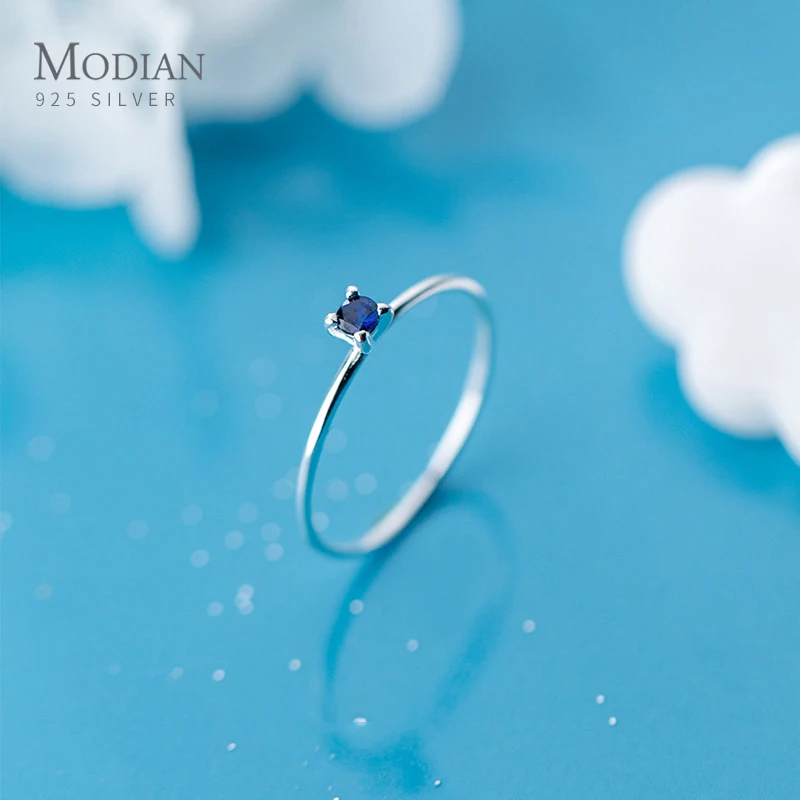 Modian Classic Simple Stackable Finger Slim Ring for Women Genuine 925 Sterling Silver Blue Crystal Ring Fine Jewelry Bijoux