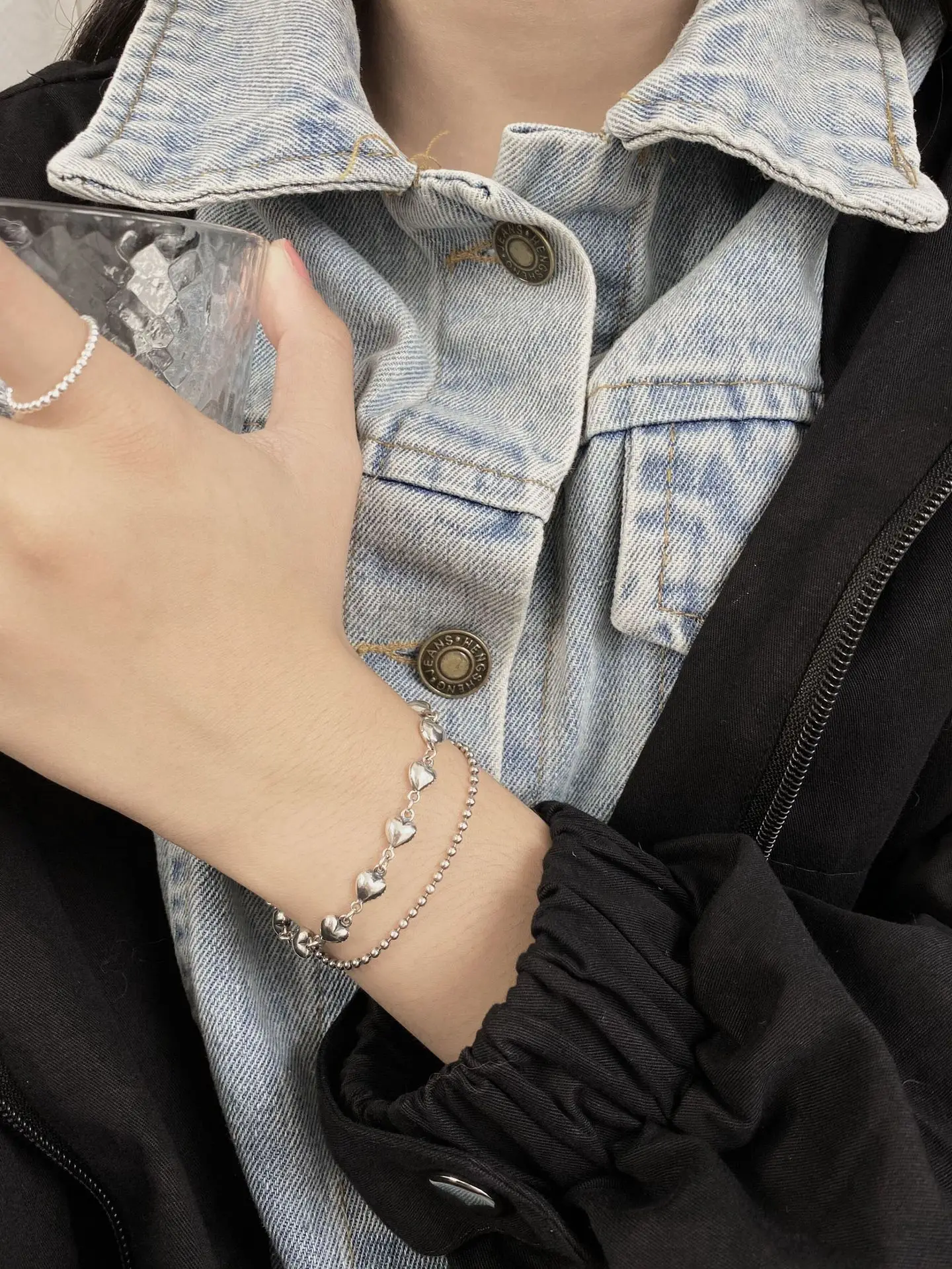 Japan Korea simple S925 sterling silver double-layer love bracelet female fashion retro marcasite Joker student sweet bracelet