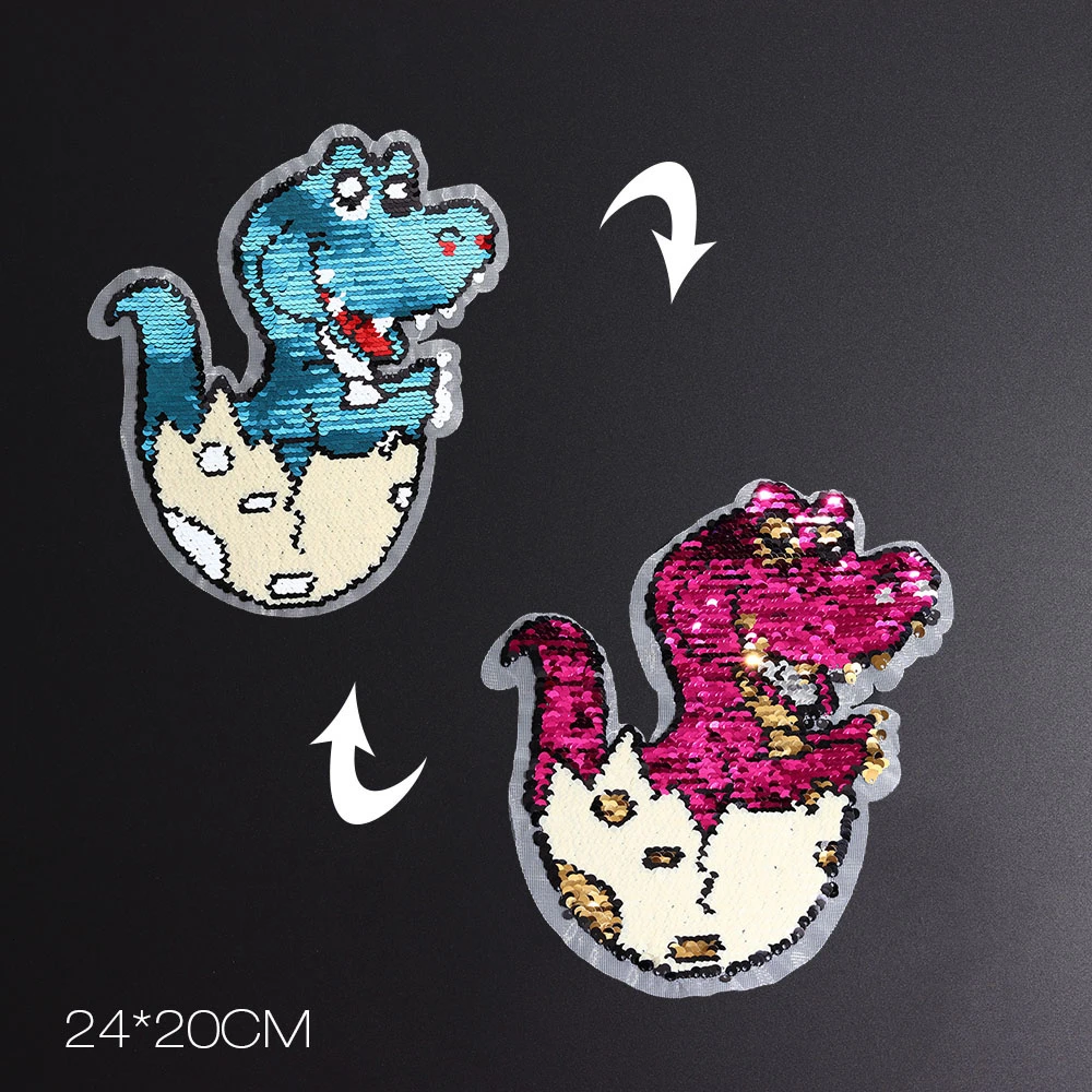 Cartoon Dinosaur Reverse Sequins Sew On Patches for Clothes Coat Sweater Embroidered Change Color Reversible Patch Appliques