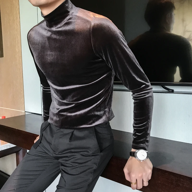 Autumn Winter Mens Half High Collar Long Sleeve T Shirts 2021 High Quality Velvet Stretched Slim Fit Solid Color T-Shirts Homme