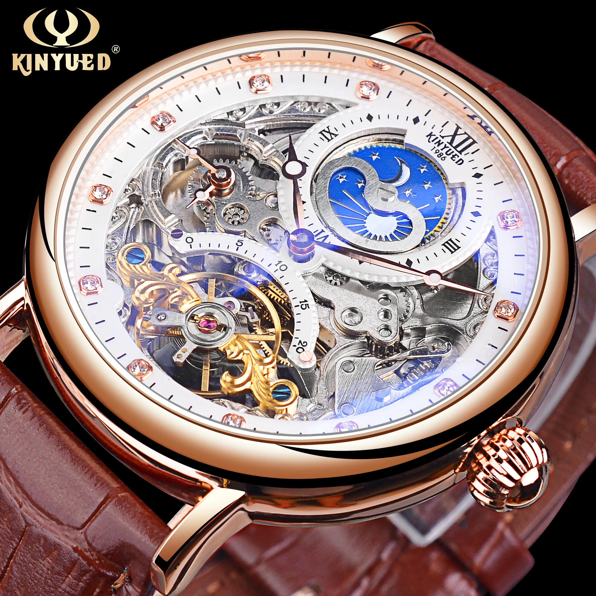 KINYUED Skeleton Mechanical Military Watches Men 3bar Automatic Wristwatch Luxury Moon Phase Tourbillon Clock Relojes Hombre