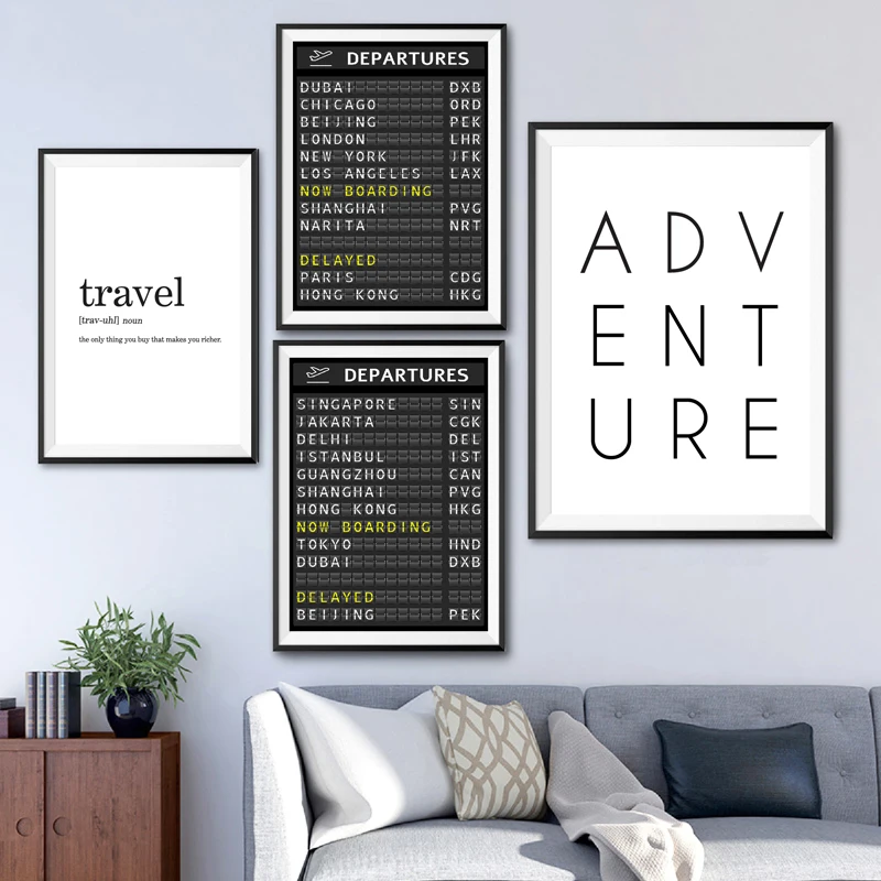 AIRPORT BOARD Destination Board Posters and Prints , Travel Board Quote Art Canvas Painting Pictures Honeymoon Travel Decoration