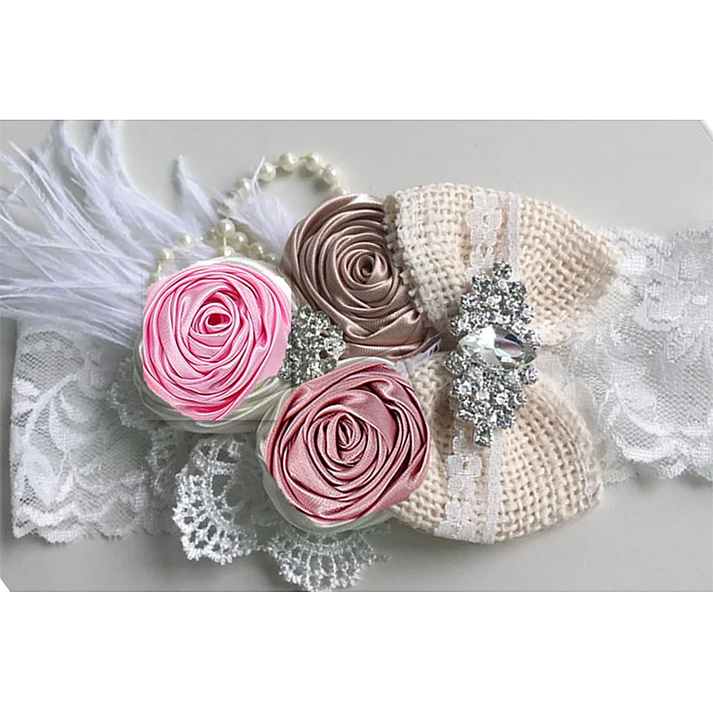 Boutique Baby Girl Headbands Feather Rhinestone Lace Elastic Hair Band Infant Newborn Headwraps Birthday Photography Props