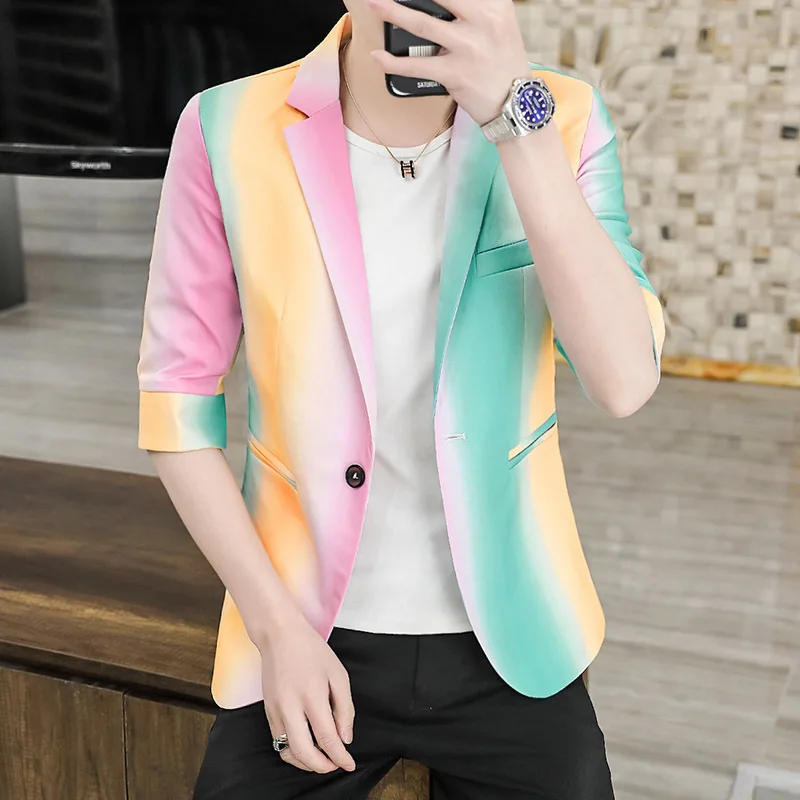 Summer Men's Mid-sleeve Suit Gradient Tie-dye Slim Handsome Personality Color Matching Blazer