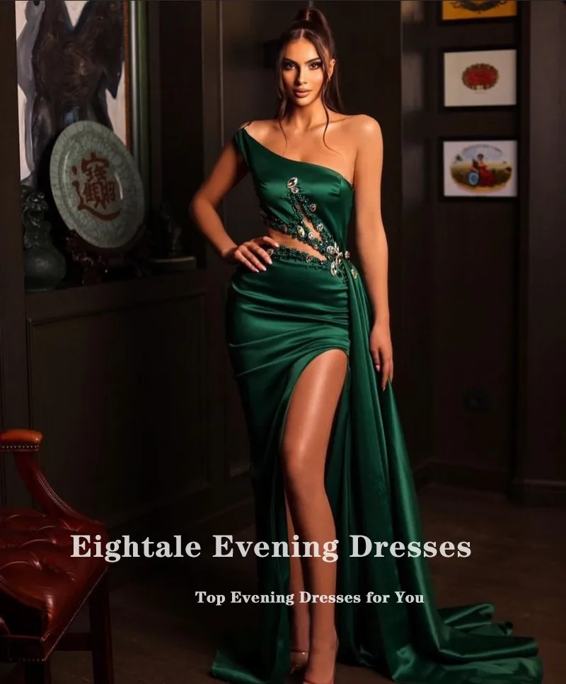 Eightale esmeralda verde vestidos de noite um ombro alto lado split cetim sereia vestido de baile frisado árabe vestido de festa 2021