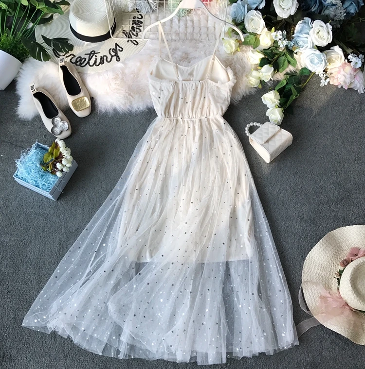 Holiday Summer Shining Beach Dresses 2023 New Korean Sweet Mesh Long Women's Spaghetti Strap Star Sequins Dress Female Vestidos