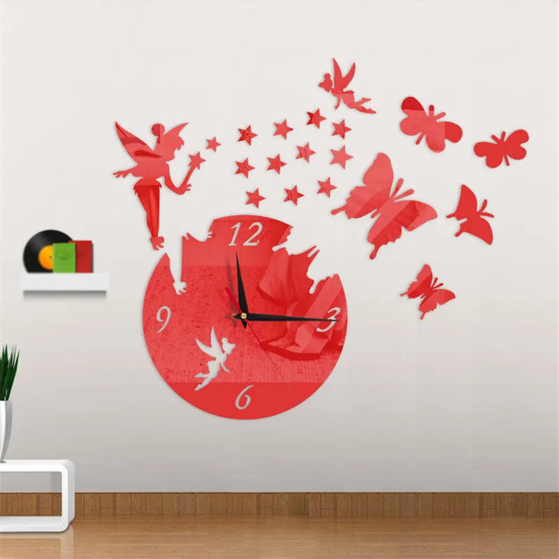 Acrylic Mirror Stickers Wall Clock Modern Design Fairy Butterfly 3D DIY Duvar Saati Clocks for Girl Gift Living Room Home Decor