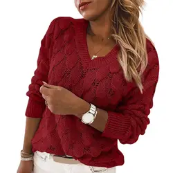 Suéter de punto de gran tamaño para mujer, Jersey informal de manga larga con cuello en V y plumas, Top de otoño e invierno