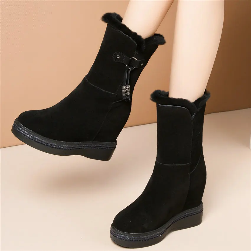 Platform Pumps Women Genuine Leather Wedges High Heel Ankle Boots Female Winter High Top Round Toe Fashion Sneakers Casual Shoes