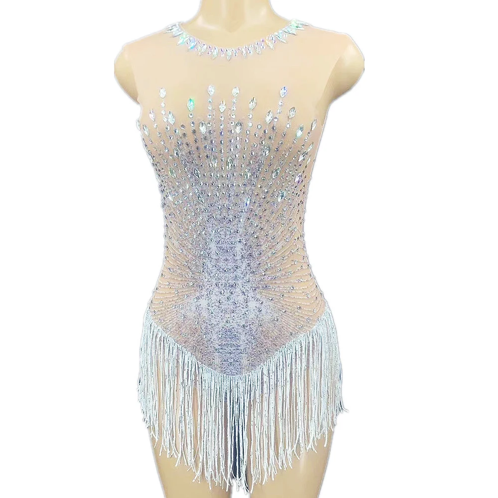 

Shining Inlaid Diamond Embellished Beaded Women Bodysuit Perspective Tassel Jumpsuit Singer Stage Wear Nightclub Outfit