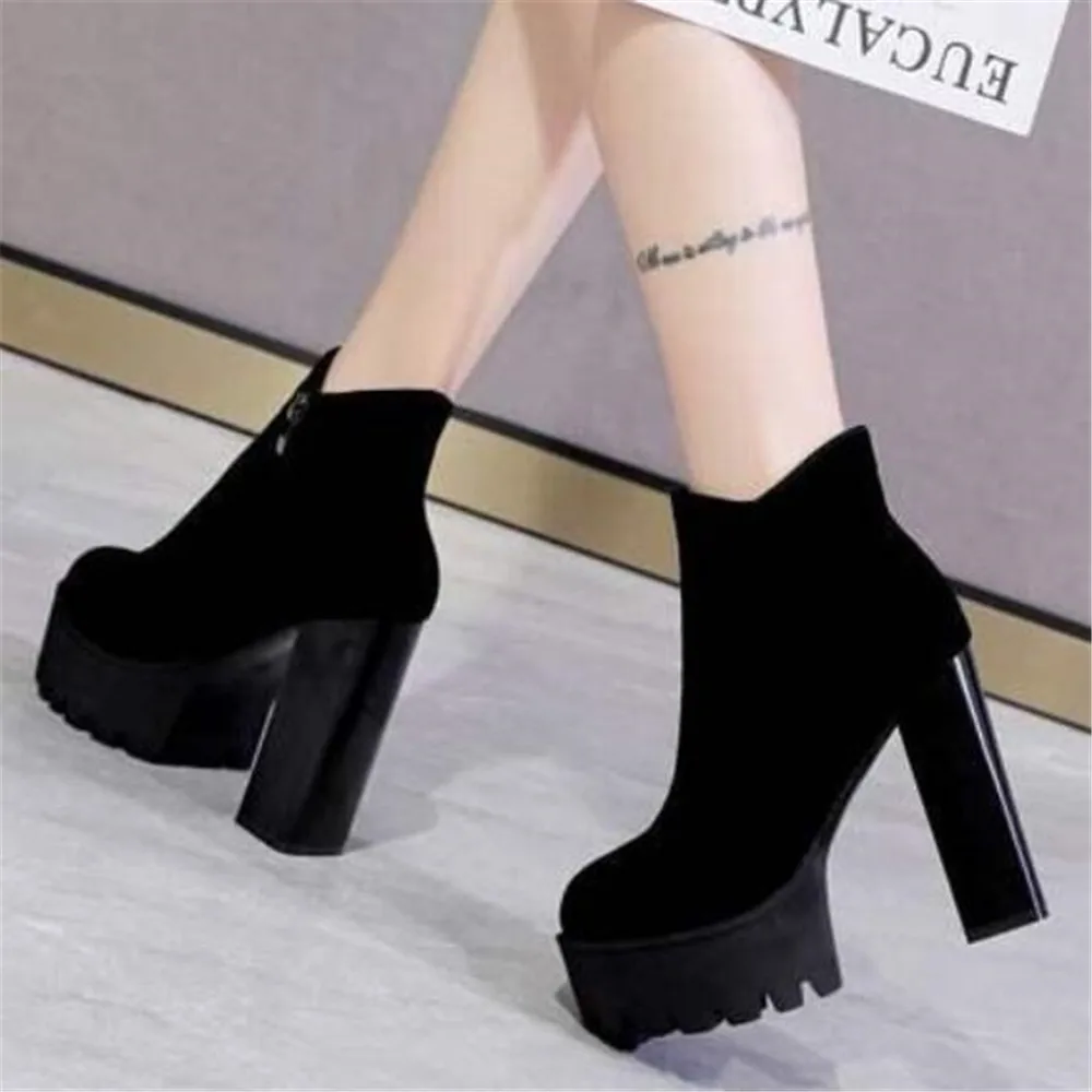 Newest Women Side Zipper Ankle Boots Comfortable Platform Round Toe Thick High Heel Shoes Ladies Fashion Flock 10/12 CM Pumps