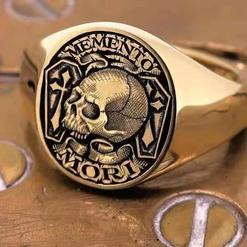 2025 Indie Cute  Memento Skull Cross Ring Male  Hombre Korean Fashion Gothic Accessories Gold Jewelry Engagement