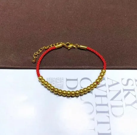 999 gold beans bracelets 24k pure gold shiny beads chains  diy  red strap with 4mm gold beads