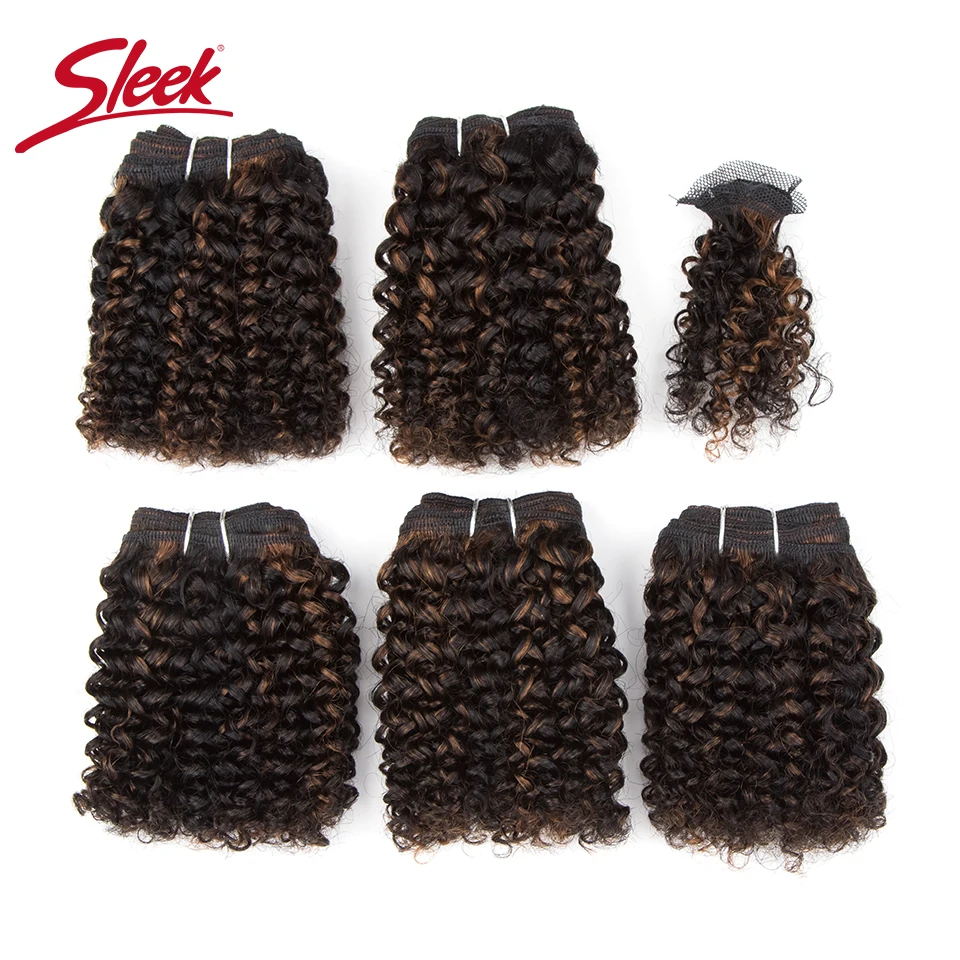 Sleek-Indian Kinky Curly Hair Pacotes com Encerramento, Duplo Extensão do Cabelo Desenhado, Remy Curto, Barato, P1B/30 #, P4/27 #, Brown 4 #, 5 Pacotes