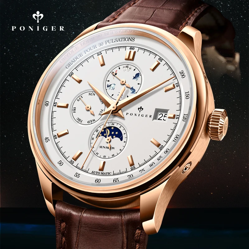 PONIGER Rose Golden Moon Phase Design Mechanical Automatic Watches Calendar Brown Leather Mens Watch Top Brand Luxury Clock