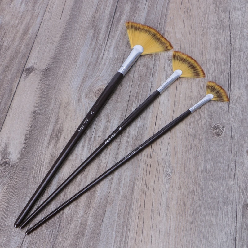 Set 3 Size Fan Brush Pen for Oil Acrylic Water Painting Artist Wooden Handle Q6PA