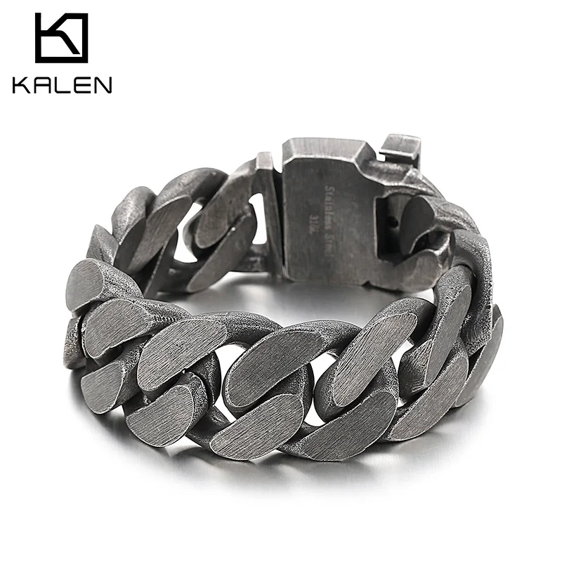 KALEN Vintage Heavy Men's Stainless Steel Bracelet Matte Wide Hand Wrist Chain Jewelry 3 Colors