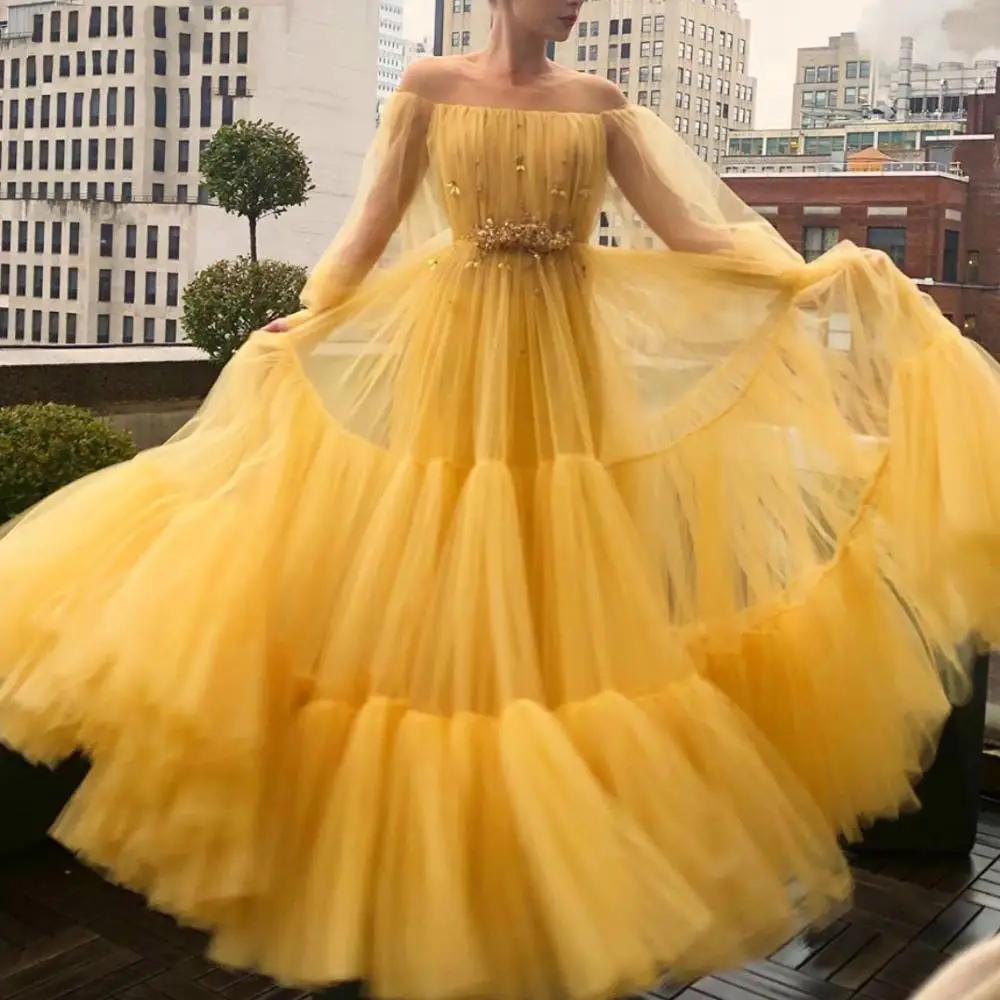 Customized Yellow Sheer O-Neck Puffy Long Sleeve Evening Dresses Beaded Pleats Tulle Prom Gowns Plus Size Long Woman Part Dress