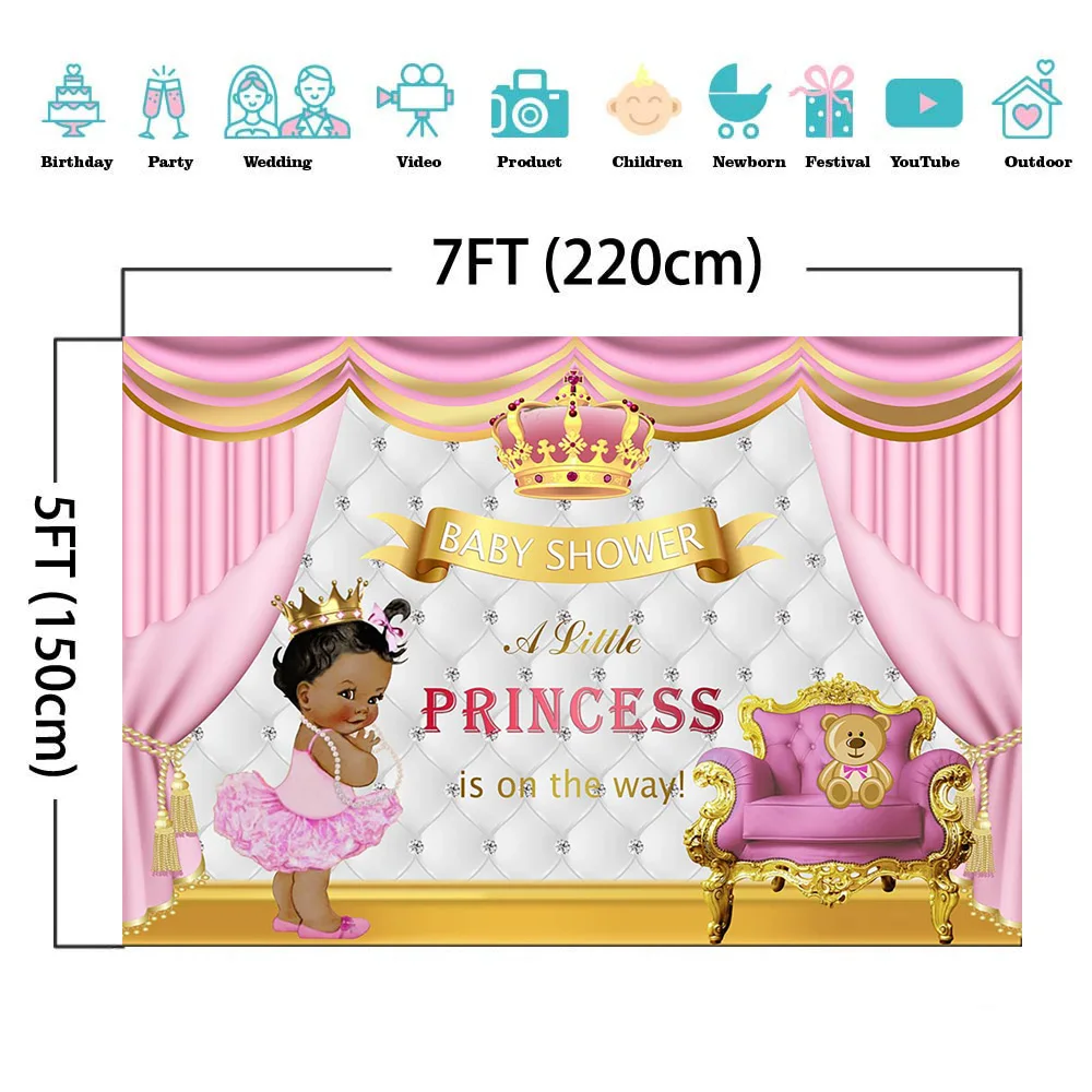 Mocsicka A Little Princess Is On The Way Backdrop Newborn Girl Baby Shower Background Photo Studio Pink Curtain Crown Photocall