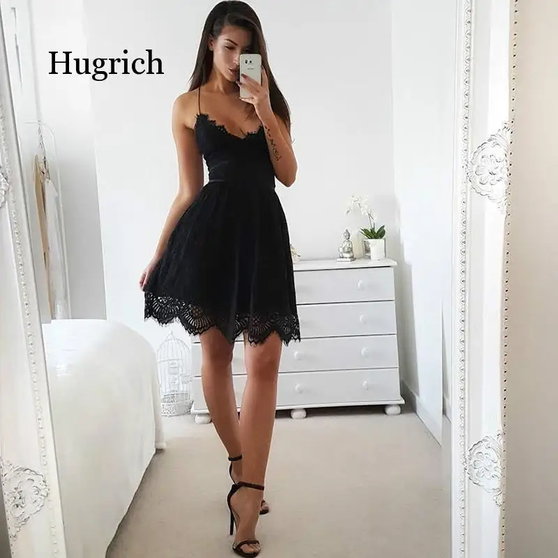 Backless Spaghetti Strap Sexy Lace Dress Women Sleeveless V-Neck Loose Summer Dresses Cotton Black Elegant Party Vestidos