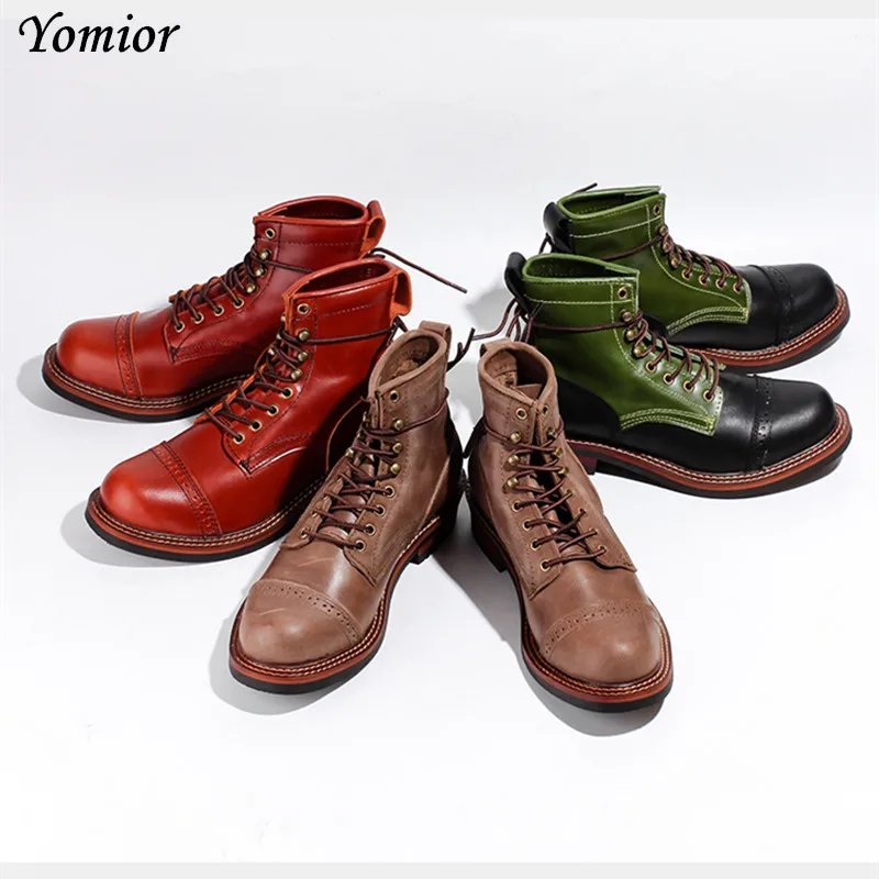 Yomior Brand New Style Winter Men Boots Genuine Leather Lace-Up Vintage High Quality Tooling White Ankle Boots Motorcycle Boots