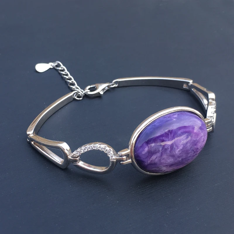 VANTJ Big Stone Natural Charoite Bracelet 925 Sterling Silver oval18*26mm Women and Lady Wedding Engagment Party Gift Box