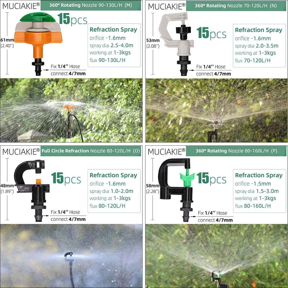 MUCIAKIE 24 Kinds of Garden Sprinklers Nozzles with 1/4\'\' Barb Joint 90 180 360 Refraction Roatory Irrigation Hanging Spray Head