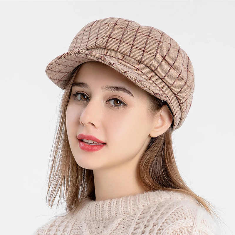 K239 Women's Hats Fashion 2021 New Berets Women's Retro Hats Autumn And Winter All-match Check Octagonal Hat Women's Kepi