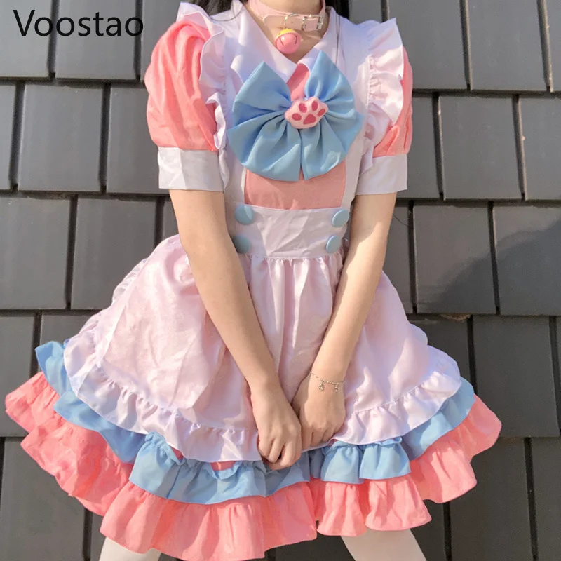 Vestito dolce giapponese Lolita vestito da donna carino rosa blu increspature di pizzo fiocco di zampa di gatto vestito Lolita ragazza Kawaii vestito da cameriera da festa 4XL