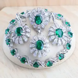 Women Bridal Jewelry Sets 925 Sterling Silver Green Zircon Wedding Jewerly Earrings Rings Stones Bracelets Pendant Necklace Set