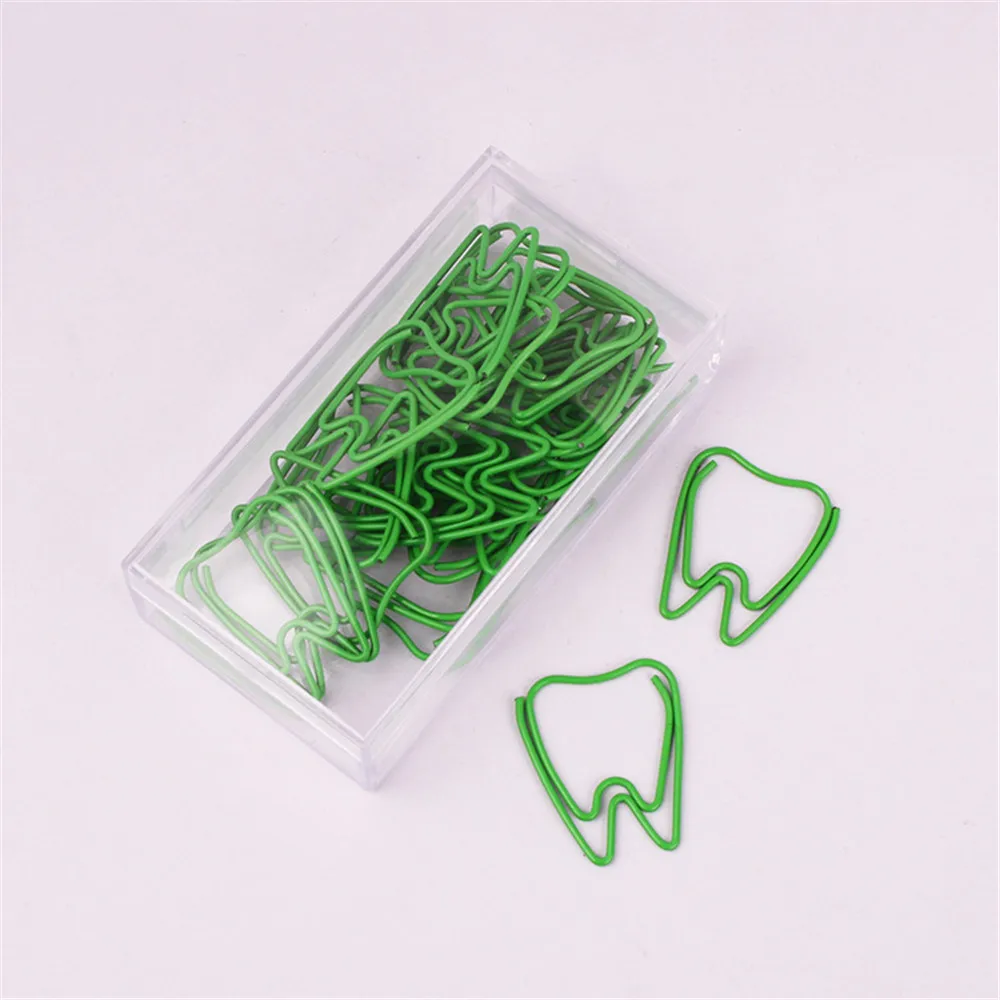 20 Stks/doos Schattige Groene Tand Vorm Paperclips Escolar Bladwijzers Foto Memo Ticket Clip Creatieve Briefpapier School Kantoorbenodigdheden