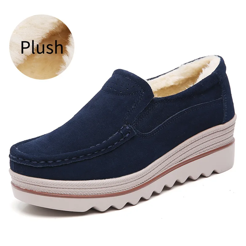 2020 Shoes Women Winter Warm 100% Genuine Leather Flat Shoes Casual Loafers Slip on Women\'s Flats Plush Shoes Moccasins Lady