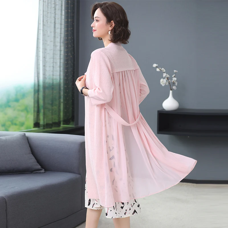 

Women Cardigan Summer Fashion Chiffon Patchwork Knit Cardigan Outwear Elegant Female Long Knitwear