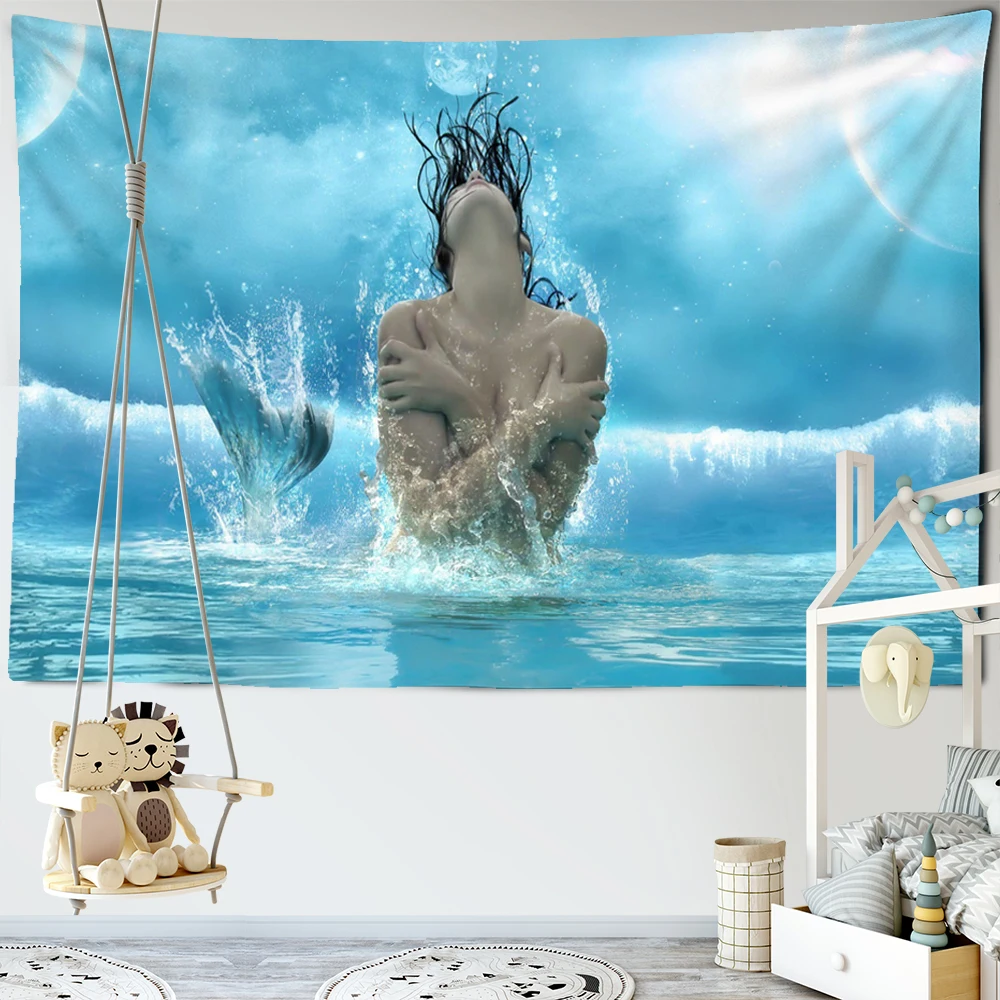 Real Scene Mermaid Tapestry Naked Mermaid Wall Hanging Hippie Sea Wall Tapestry Home Bedroom Dorm Bohemian Wall Cloth Tapiz