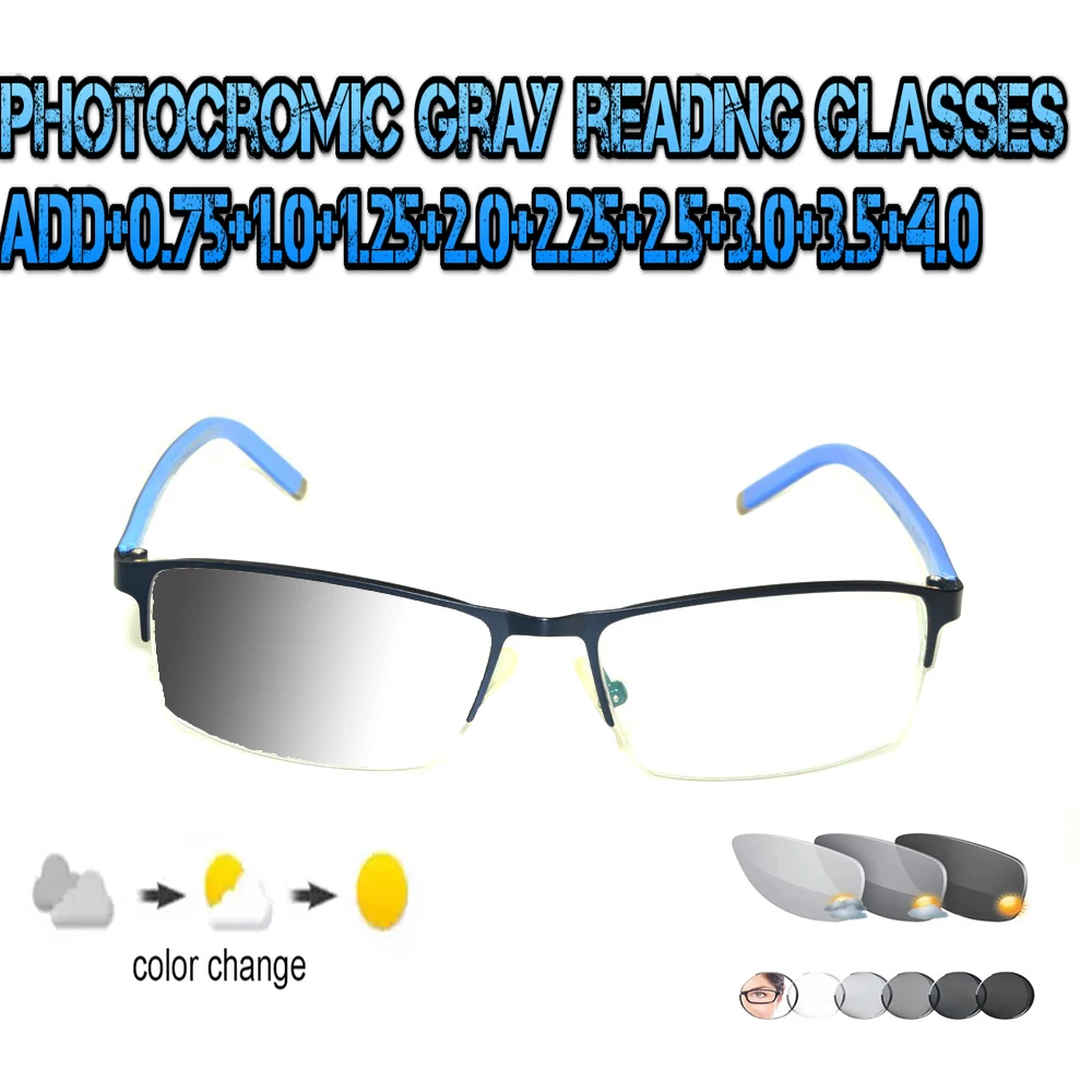 

Photochromic Gray Reading Glasses Ultralight Trend High Quality Fashion Men Women blu metal frame +0.75 To +4.0